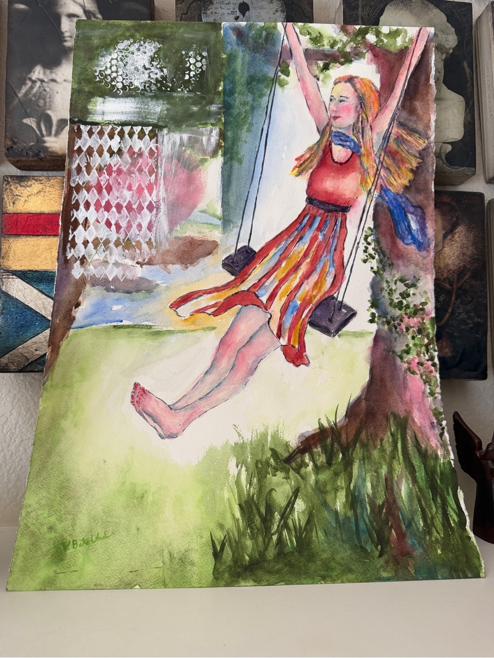 Original Signed Watercolor Painting of Girl‎ on Swing| Colorful Impressionist